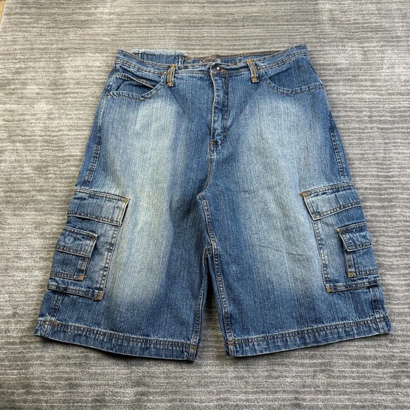 VINTAGE Starbury Jean Cargo Shorts Mens 38 Blue Denim Jorts Baggy Skater Hip Hop - Picture 1 of 9